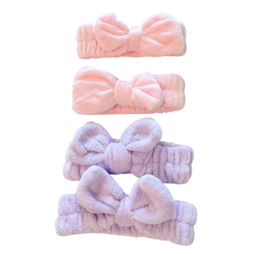 Spa Headband Kids O/S Pink Purple Bow Microfiber Fleece 4 Pack